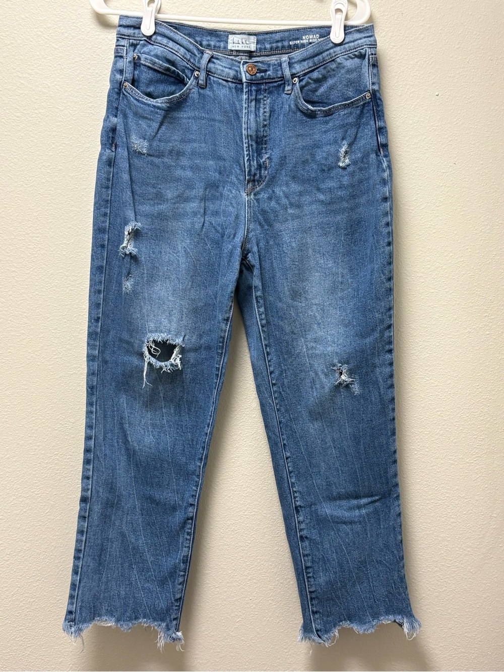 Nicole Miller New York Women’s High Rise Straight Jeans Blue Distressed 10 Mom